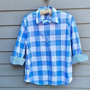Chaps Blue White Checked Button Down Top size Large